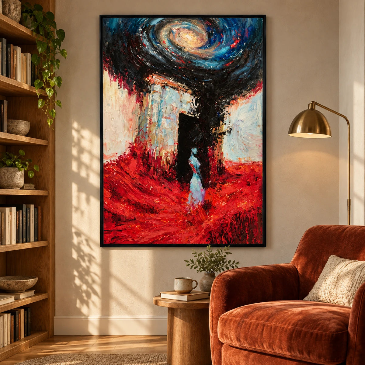 Surreal Woman and Spiral Galaxy Oil Painting | Red Blue and Black Textured Fantasy Figurative Wall Art #OA 1639