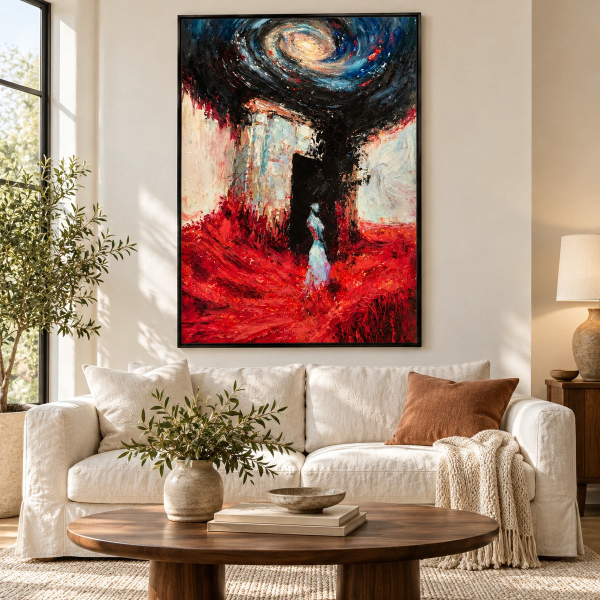 Surreal Woman and Spiral Galaxy Oil Painting | Red Blue and Black Textured Fantasy Figurative Wall Art #OA 1639