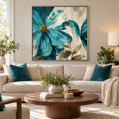 Teal Blue Flowers Oil Painting | Cream Petals Gold Centers and Olive Leaves Textured Botanical Square Wall Art #OA 1707