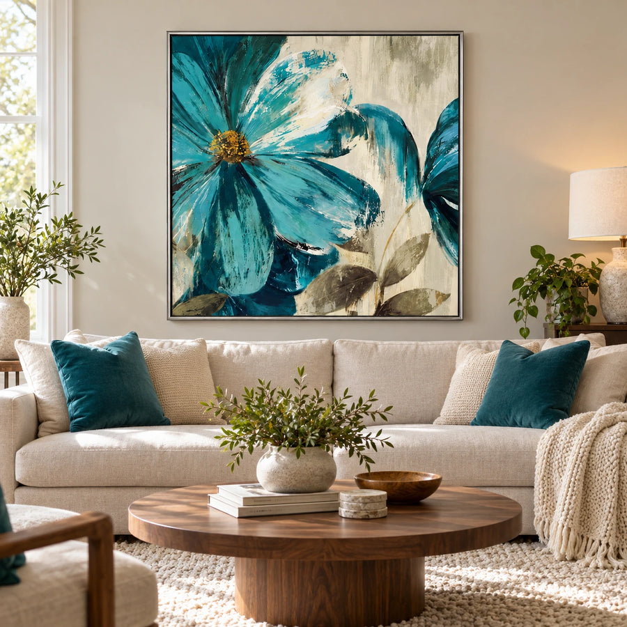 Teal Blue Flowers Oil Painting | Cream Petals Gold Centers and Olive Leaves Textured Botanical Square Wall Art #OA 1707