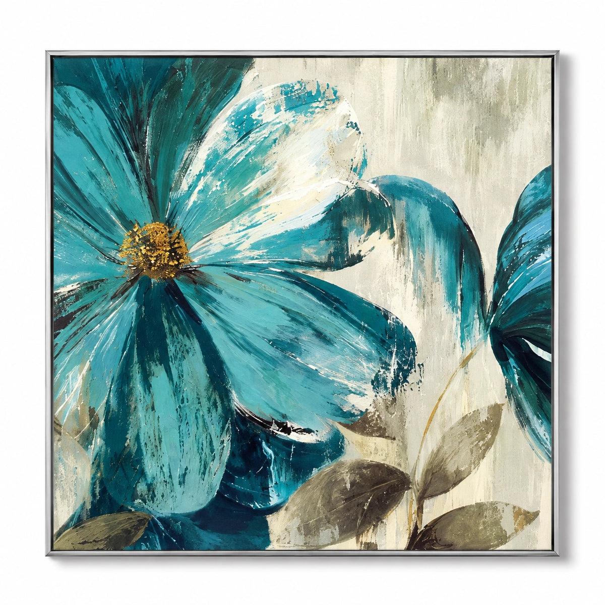 Teal Blue Flowers Oil Painting | Cream Petals Gold Centers and Olive Leaves Textured Botanical Square Wall Art #OA 1707