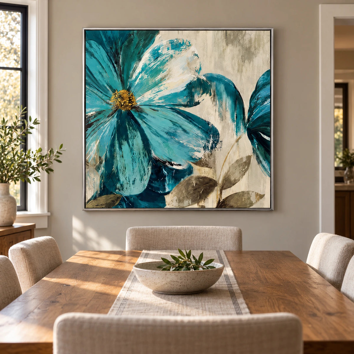 Teal Blue Flowers Oil Painting | Cream Petals Gold Centers and Olive Leaves Textured Botanical Square Wall Art #OA 1707