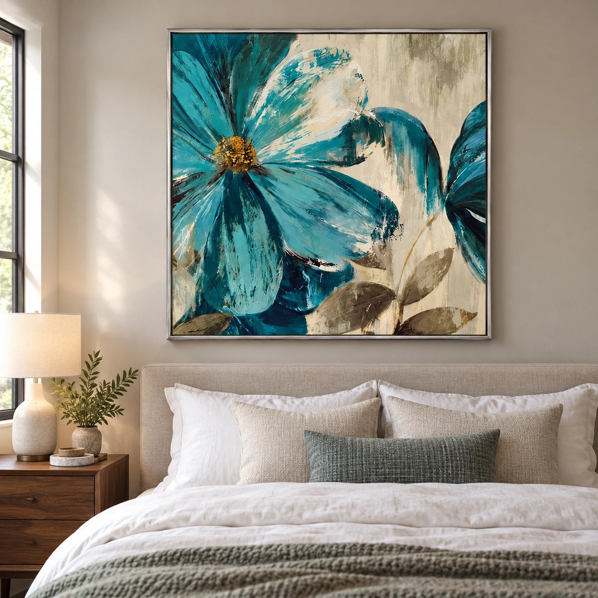 Teal Blue Flowers Oil Painting | Cream Petals Gold Centers and Olive Leaves Textured Botanical Square Wall Art #OA 1707