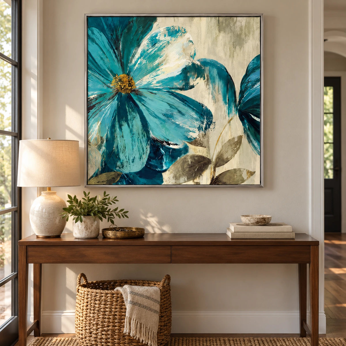 Teal Blue Flowers Oil Painting | Cream Petals Gold Centers and Olive Leaves Textured Botanical Square Wall Art #OA 1707