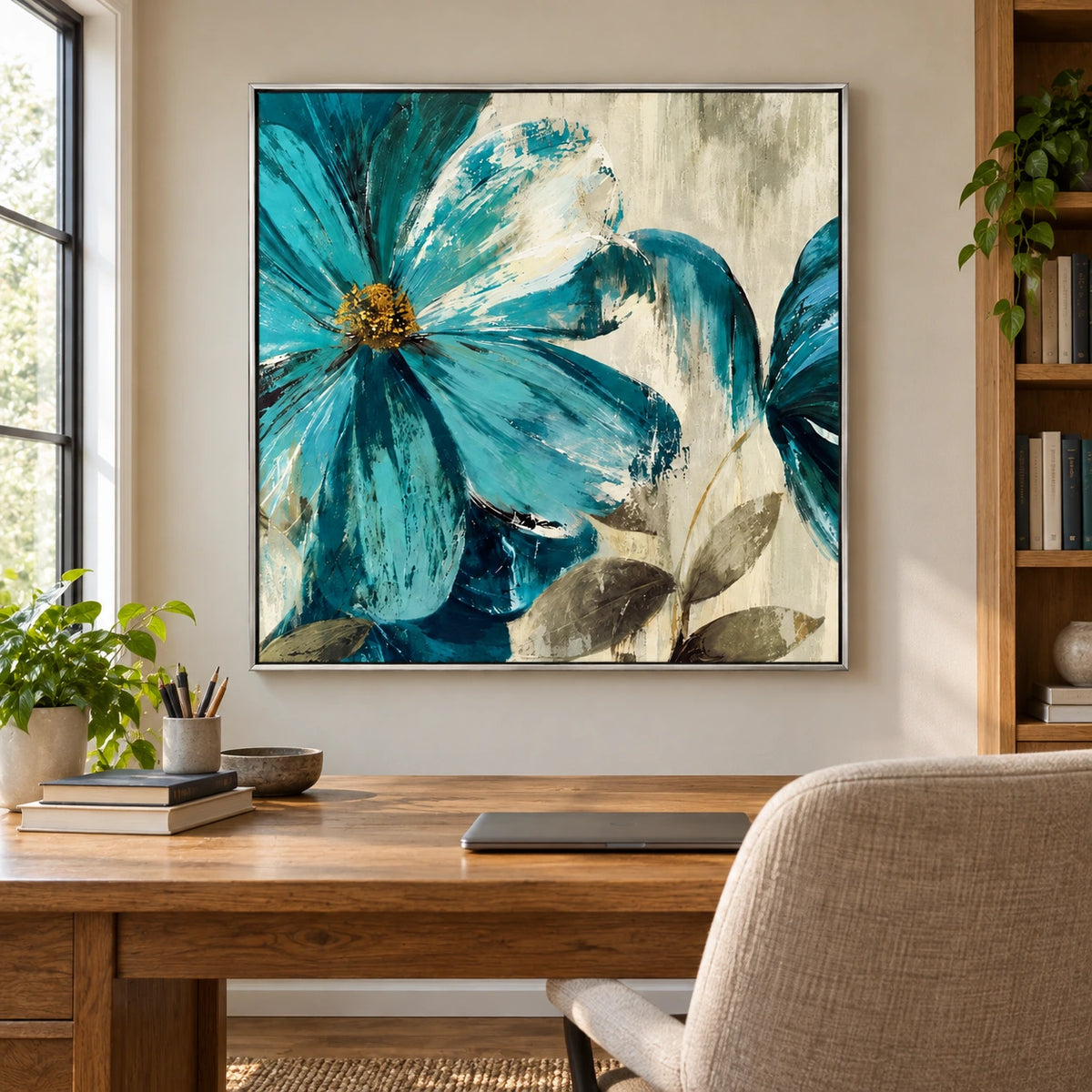 Teal Blue Flowers Oil Painting | Cream Petals Gold Centers and Olive Leaves Textured Botanical Square Wall Art #OA 1707