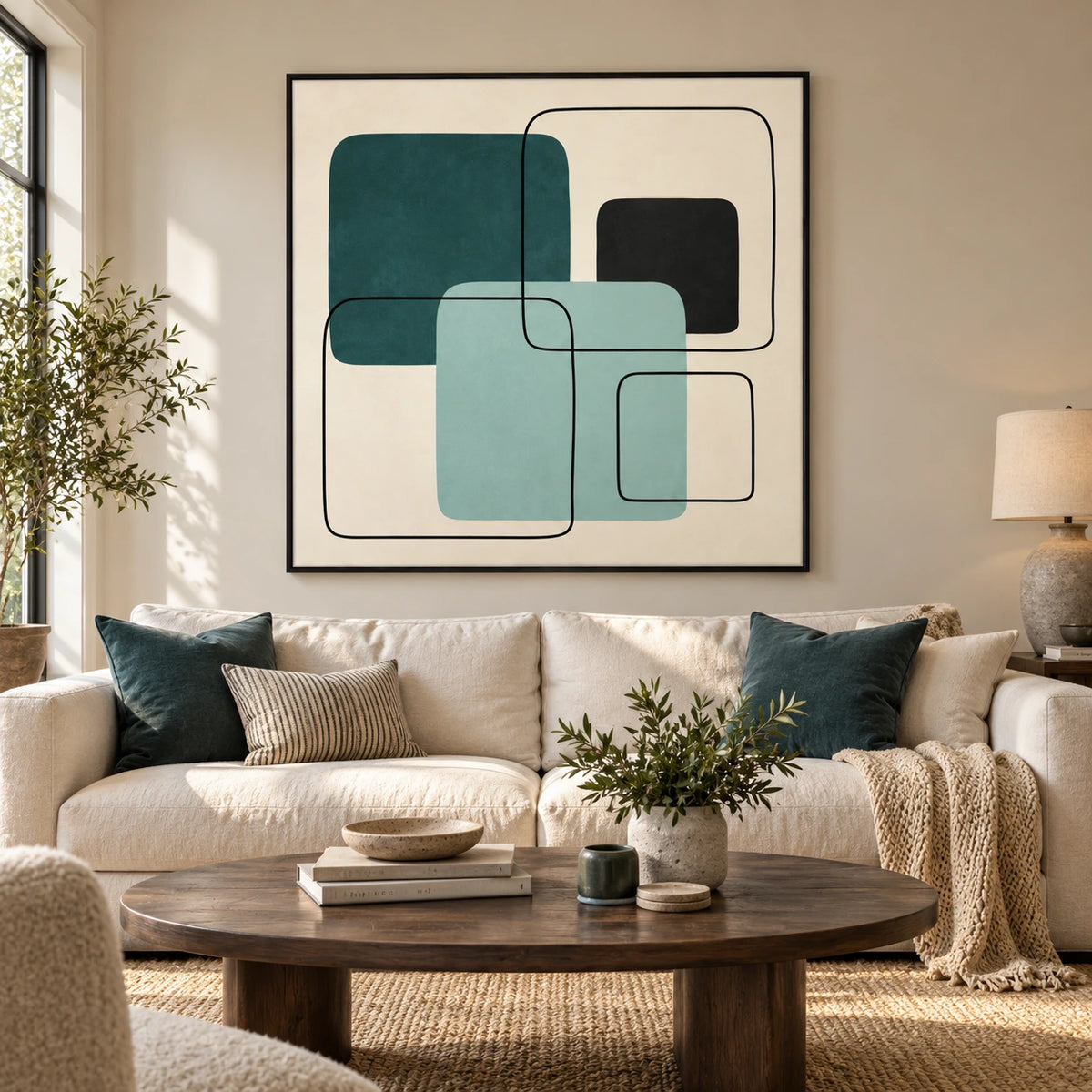 Teal Mint and Black Geometric Oil Painting | Overlapping Rounded Squares Minimalist Abstract Wall Art #OA 1699