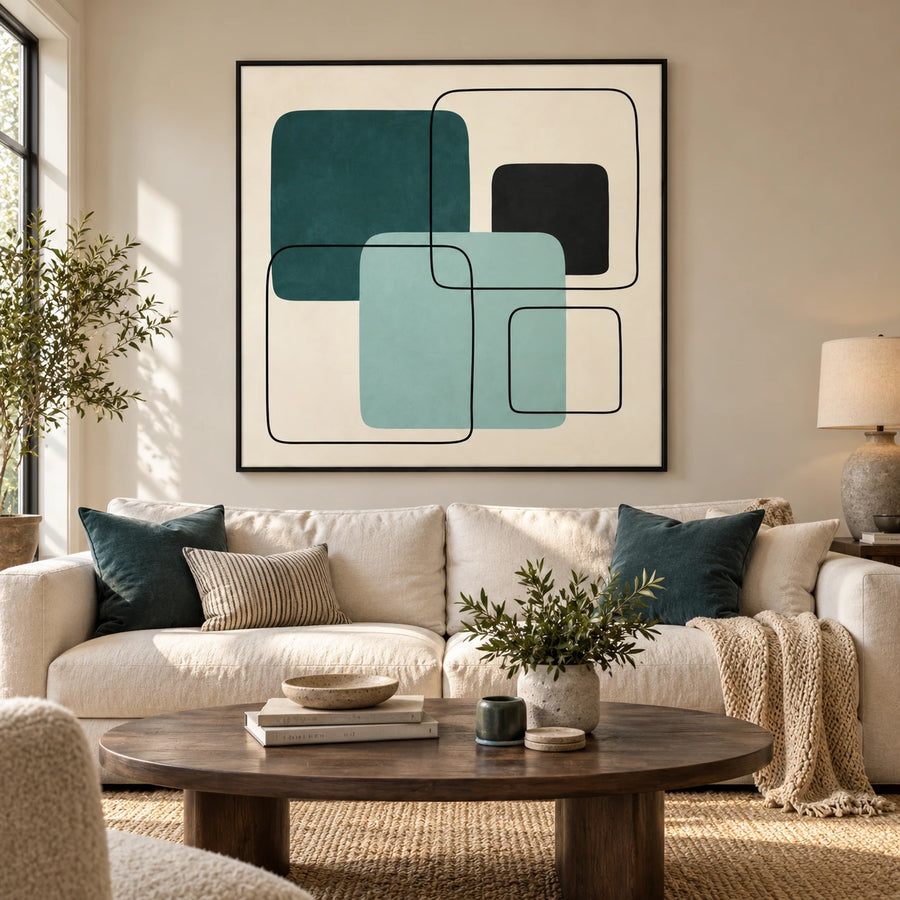 Teal Mint and Black Geometric Oil Painting | Overlapping Rounded Squares Minimalist Abstract Wall Art #OA 1699