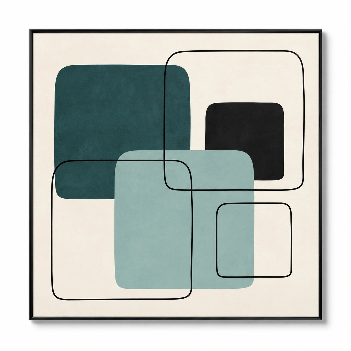 Teal Mint and Black Geometric Oil Painting | Overlapping Rounded Squares Minimalist Abstract Wall Art #OA 1699