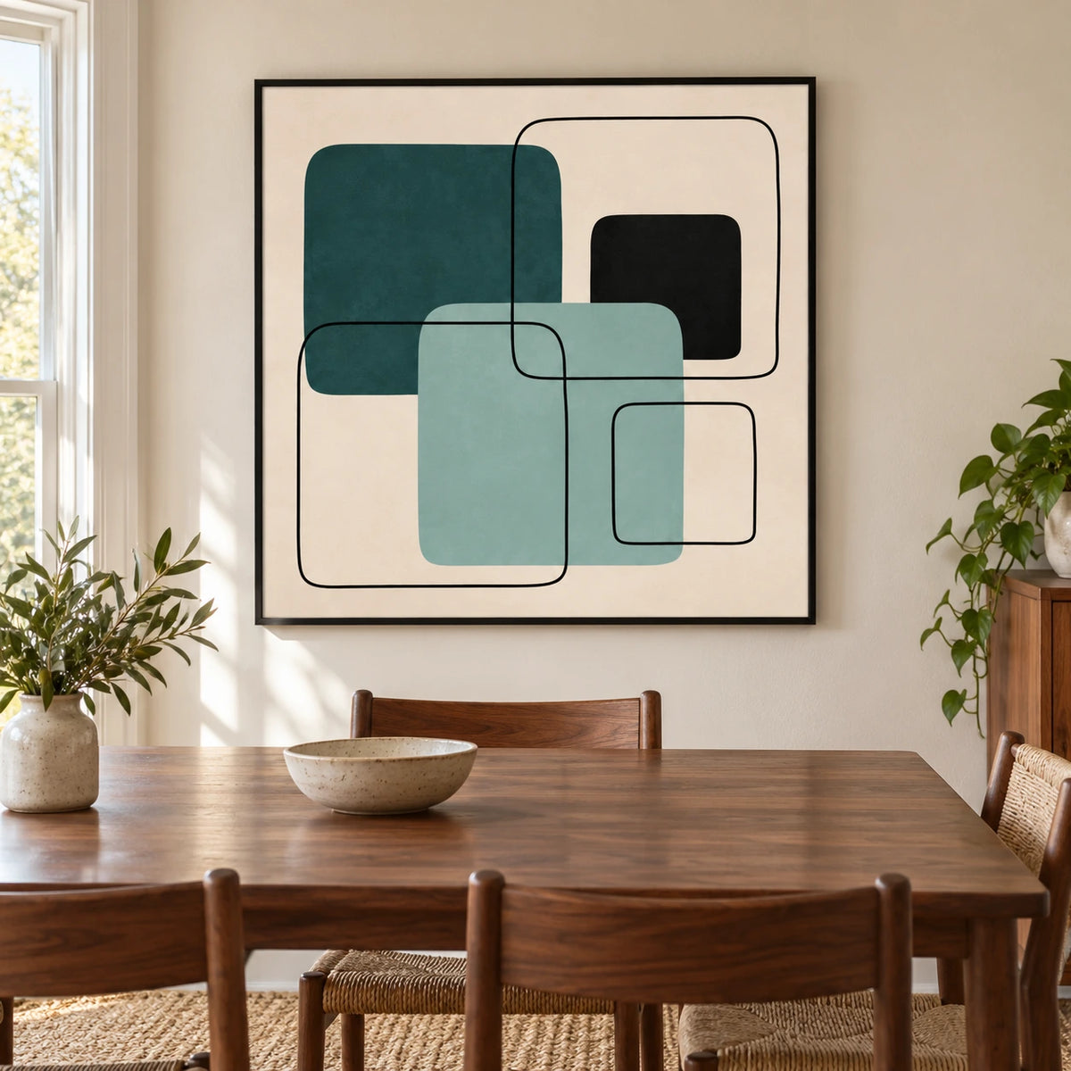 Teal Mint and Black Geometric Oil Painting | Overlapping Rounded Squares Minimalist Abstract Wall Art #OA 1699