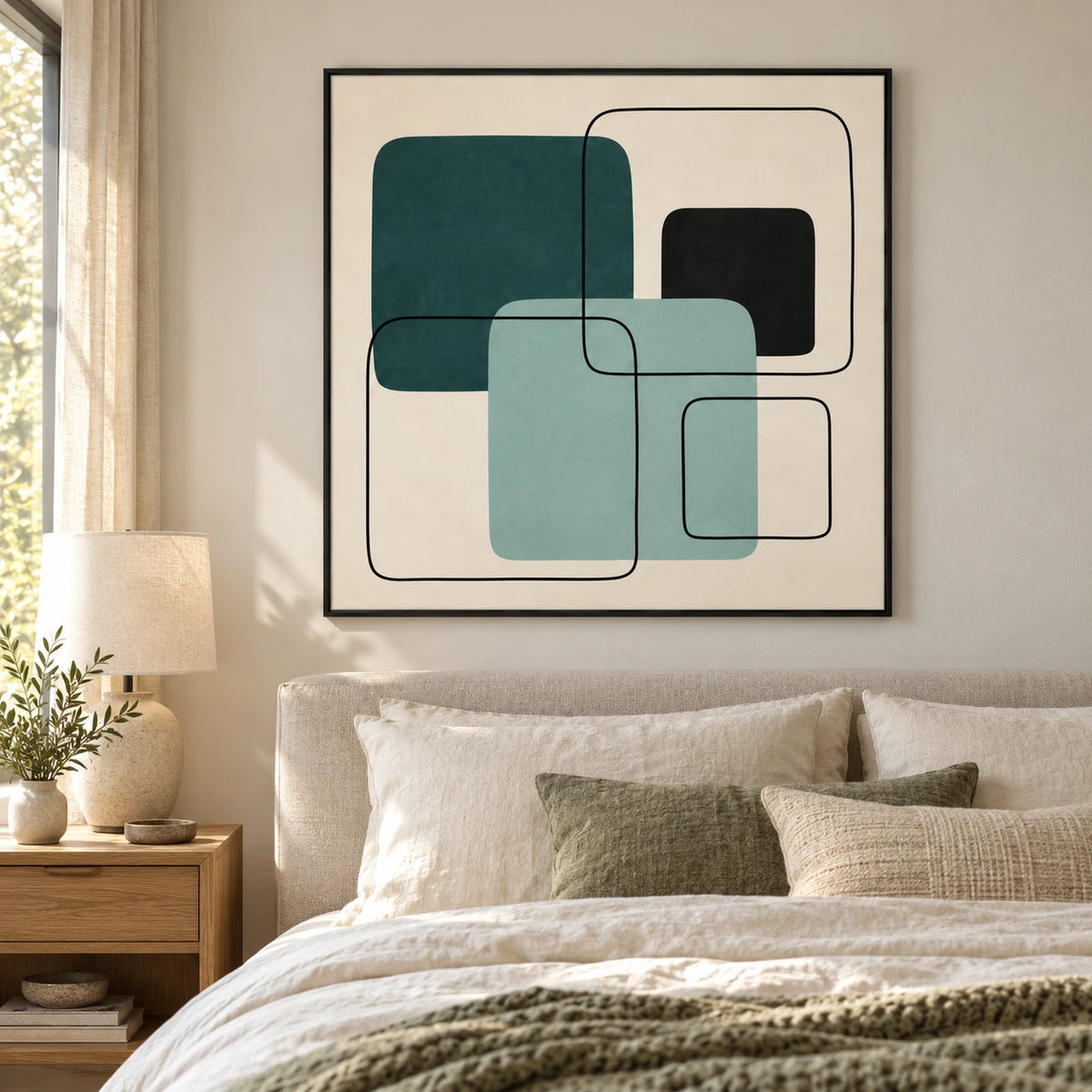 Teal Mint and Black Geometric Oil Painting | Overlapping Rounded Squares Minimalist Abstract Wall Art #OA 1699