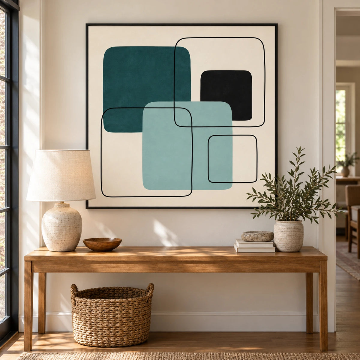 Teal Mint and Black Geometric Oil Painting | Overlapping Rounded Squares Minimalist Abstract Wall Art #OA 1699