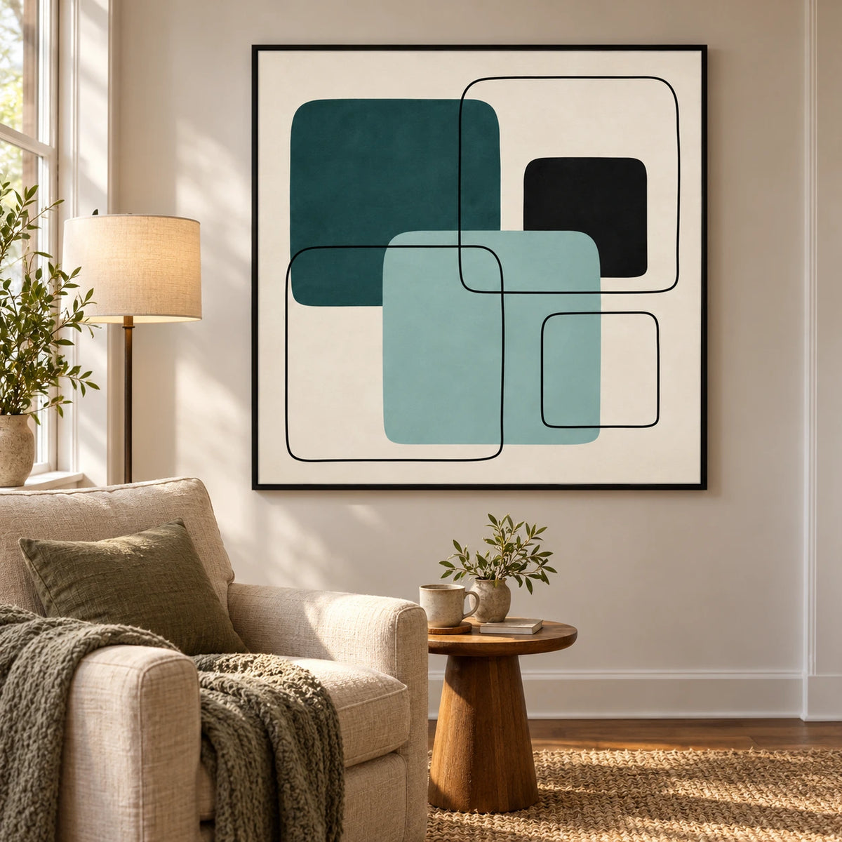 Teal Mint and Black Geometric Oil Painting | Overlapping Rounded Squares Minimalist Abstract Wall Art #OA 1699