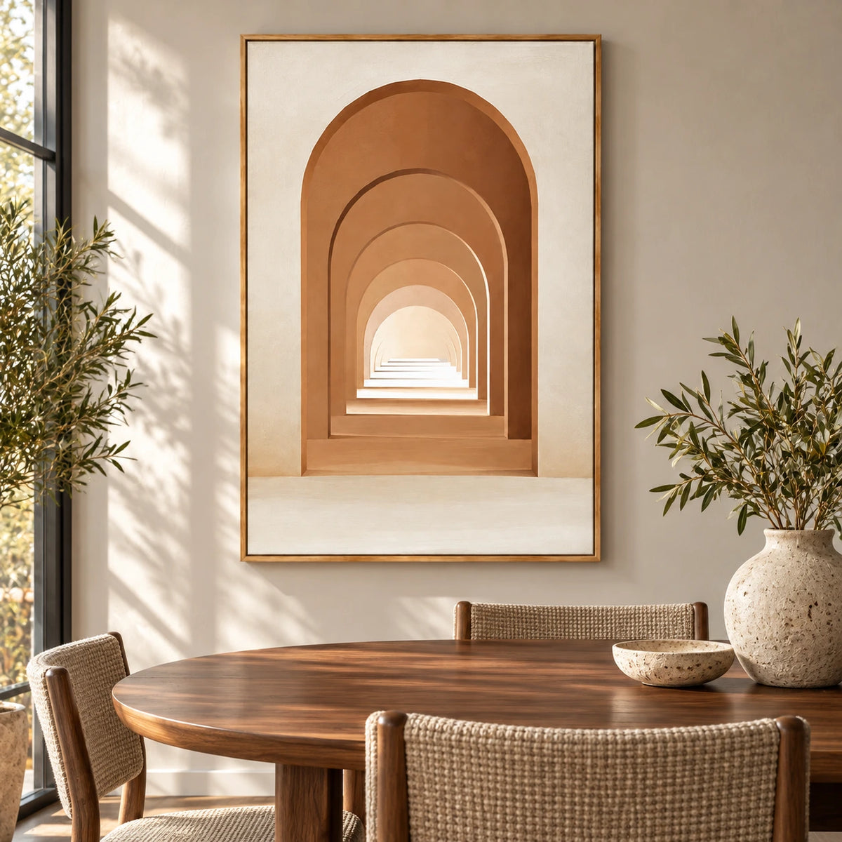 Terracotta Archway Oil Painting | Neutral Architectural Perspective Minimalist Vertical Wall Art #OA 1626