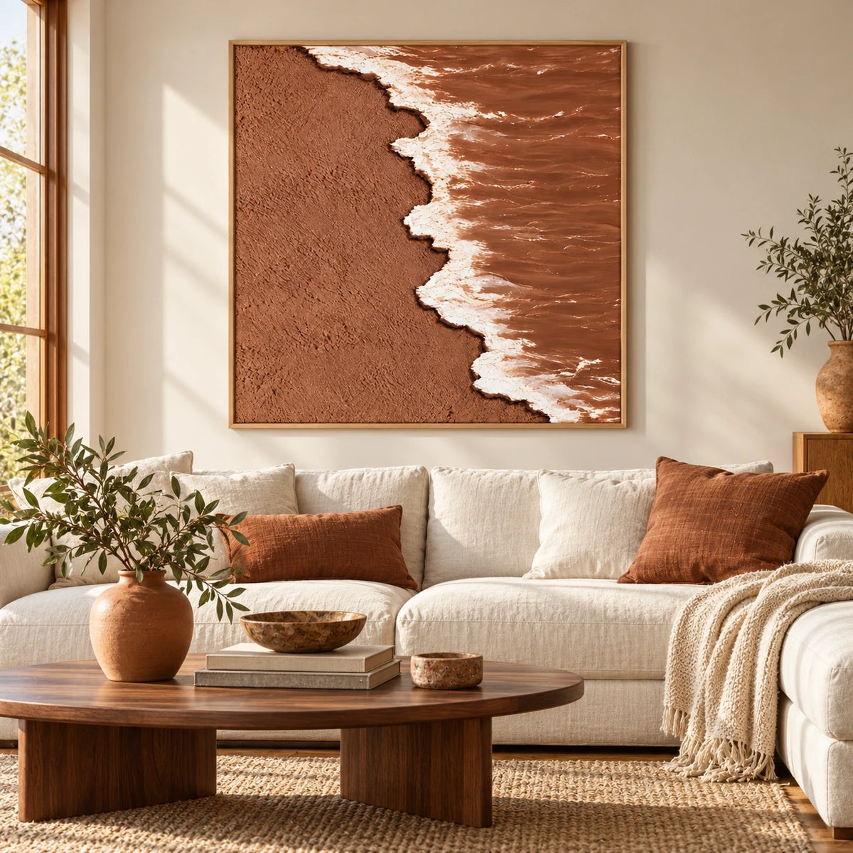Terracotta Beach and White Ocean Foam Oil Painting | Textured Aerial Shoreline Neutral Square Wall Art #OA 1659