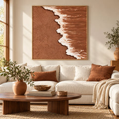 Terracotta Beach and White Ocean Foam Oil Painting | Textured Aerial Shoreline Neutral Square Wall Art #OA 1659
