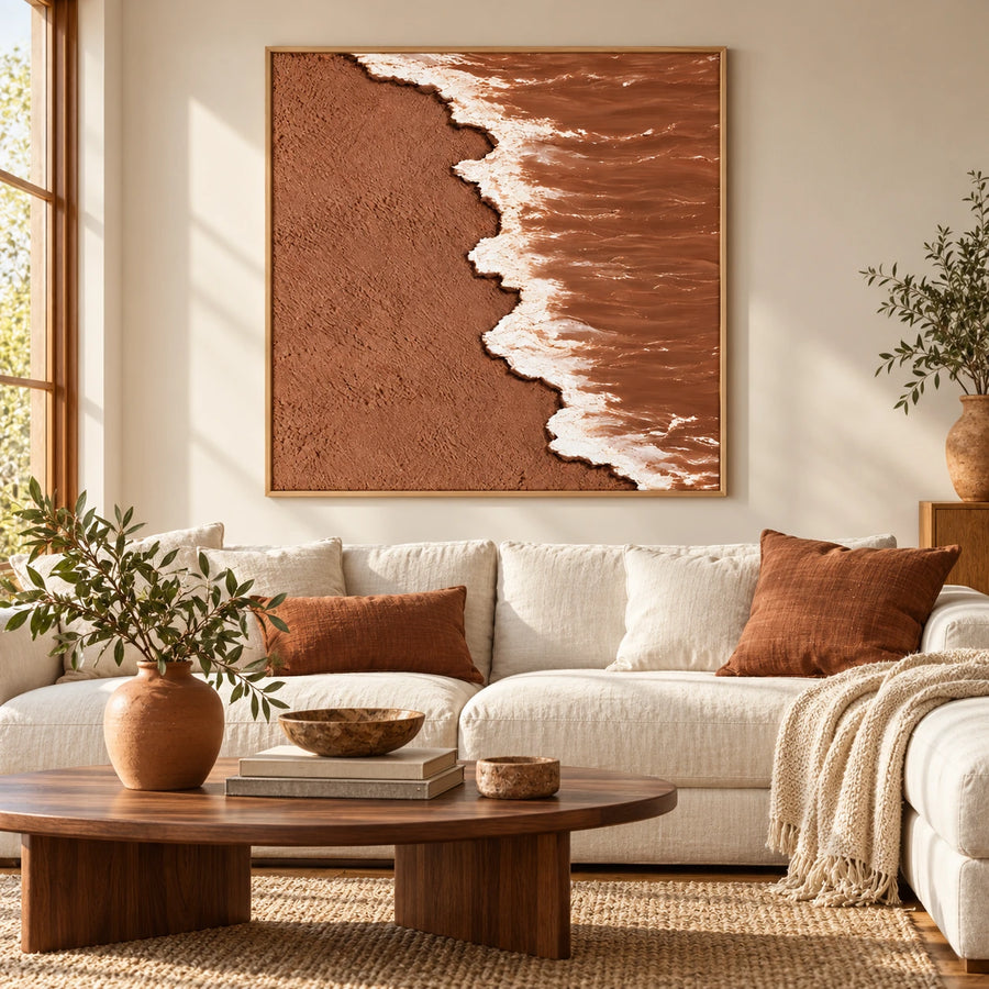Terracotta Beach and White Ocean Foam Oil Painting | Textured Aerial Shoreline Neutral Square Wall Art #OA 1659