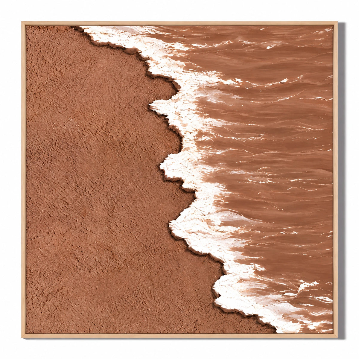 Terracotta Beach and White Ocean Foam Oil Painting | Textured Aerial Shoreline Neutral Square Wall Art #OA 1659