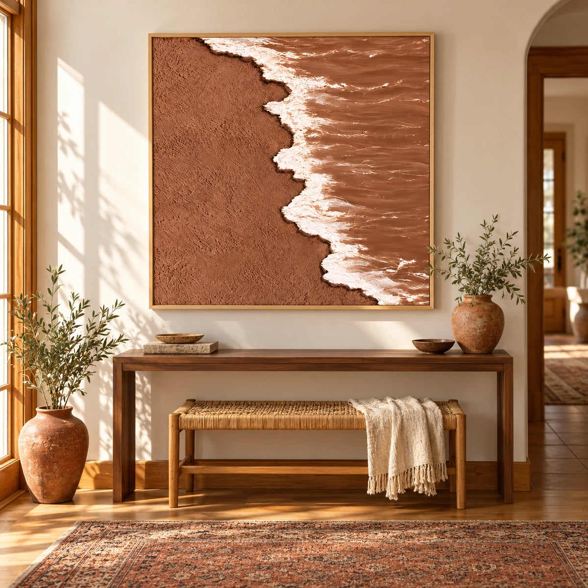 Terracotta Beach and White Ocean Foam Oil Painting | Textured Aerial Shoreline Neutral Square Wall Art #OA 1659