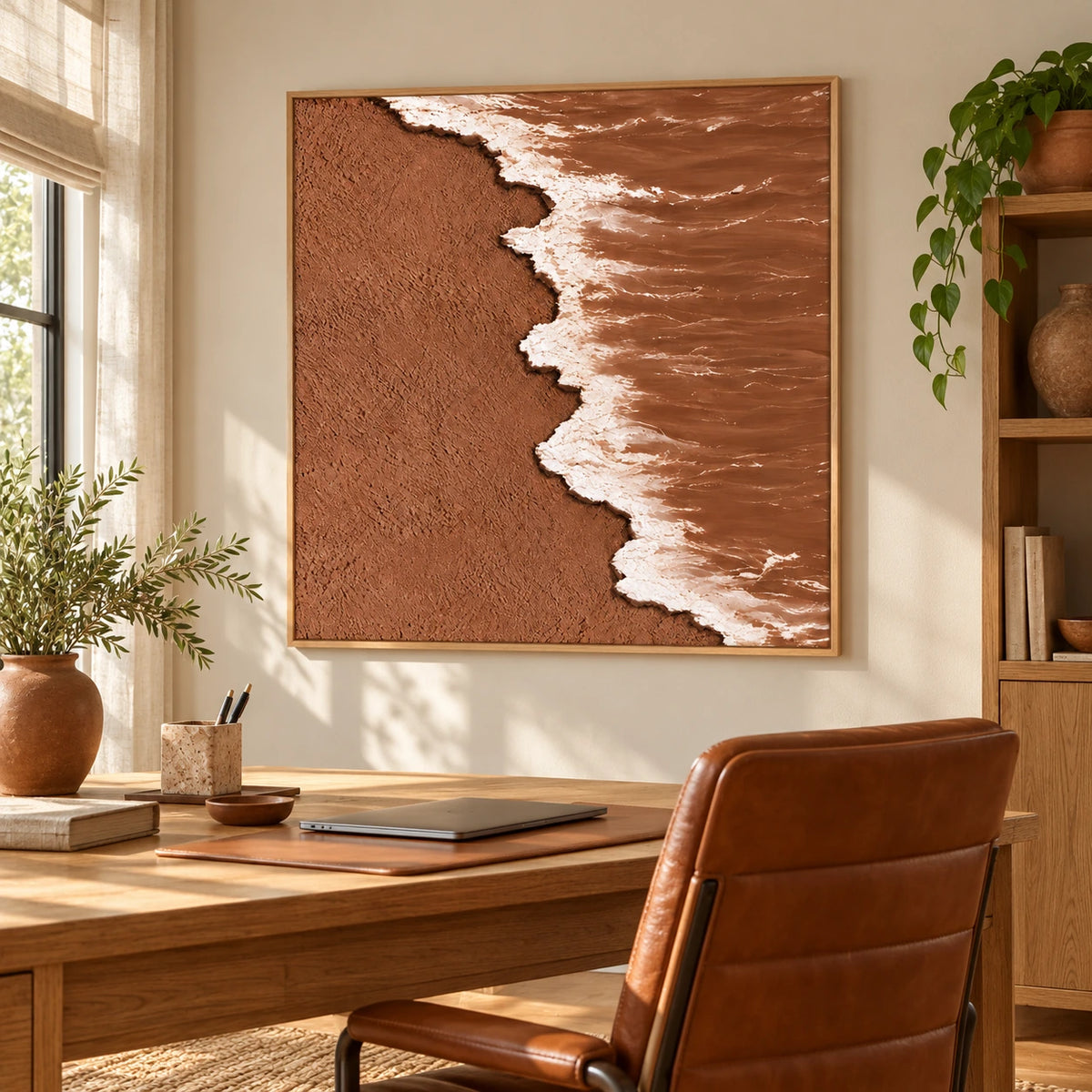Terracotta Beach and White Ocean Foam Oil Painting | Textured Aerial Shoreline Neutral Square Wall Art #OA 1659