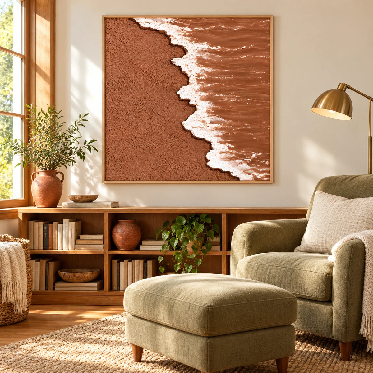 Terracotta Beach and White Ocean Foam Oil Painting | Textured Aerial Shoreline Neutral Square Wall Art #OA 1659
