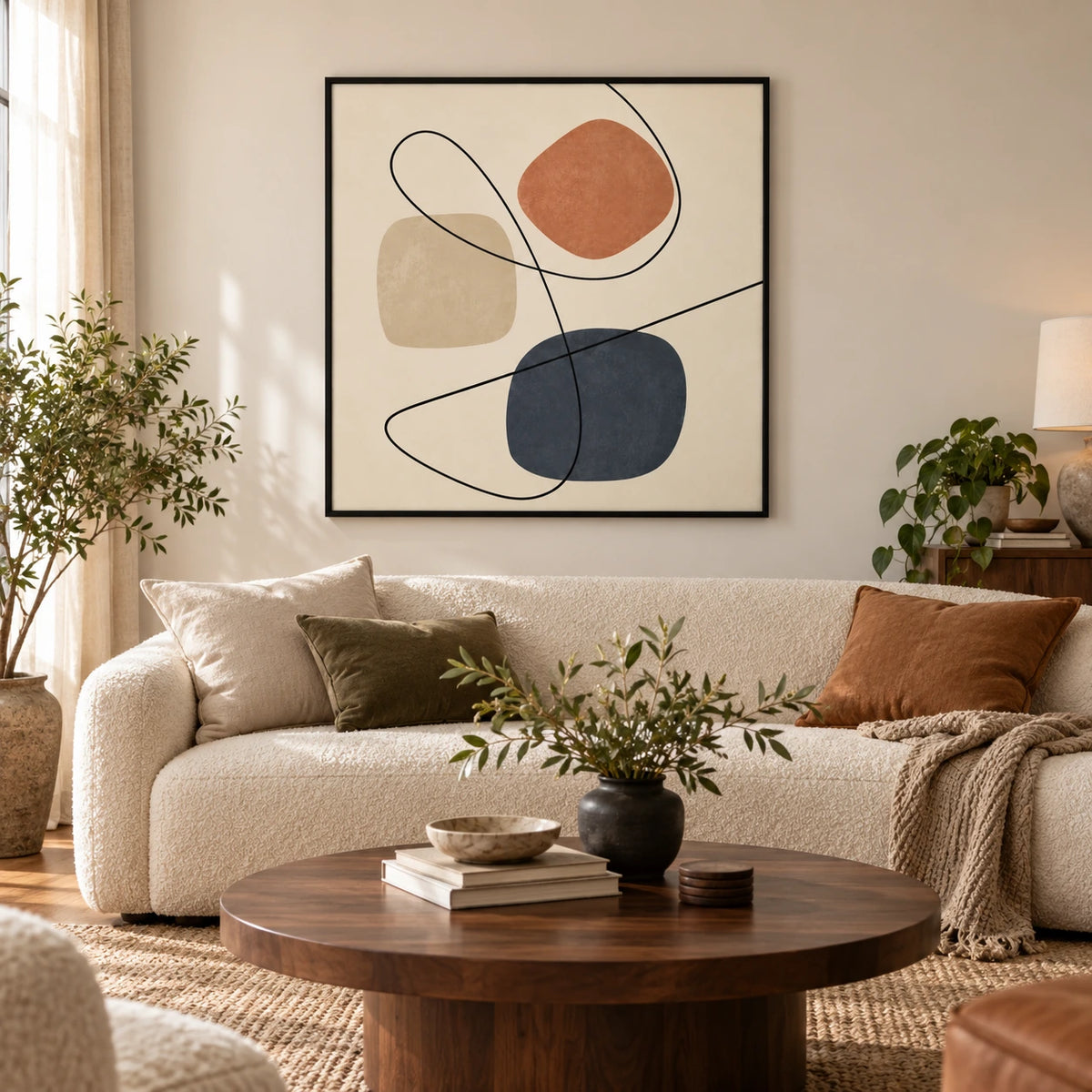 Terracotta Blue and Beige Shapes Oil Painting | Looping Black Lines on Cream Minimalist Square Abstract Wall Art OA 1768
