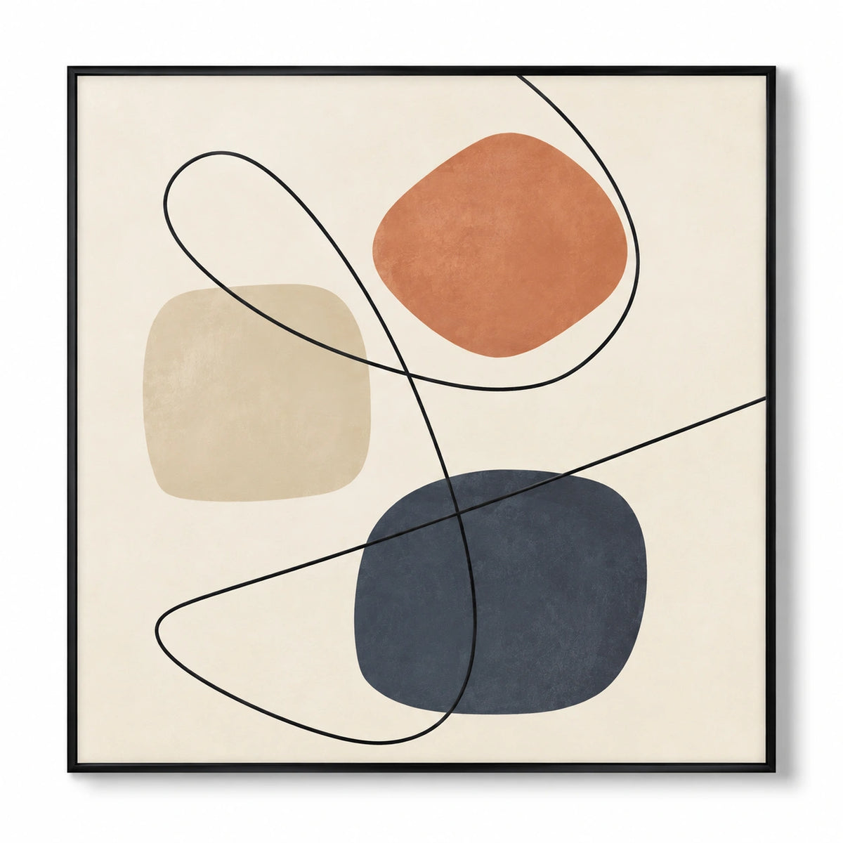 Terracotta Blue and Beige Shapes Oil Painting | Looping Black Lines on Cream Minimalist Square Abstract Wall Art OA 1768