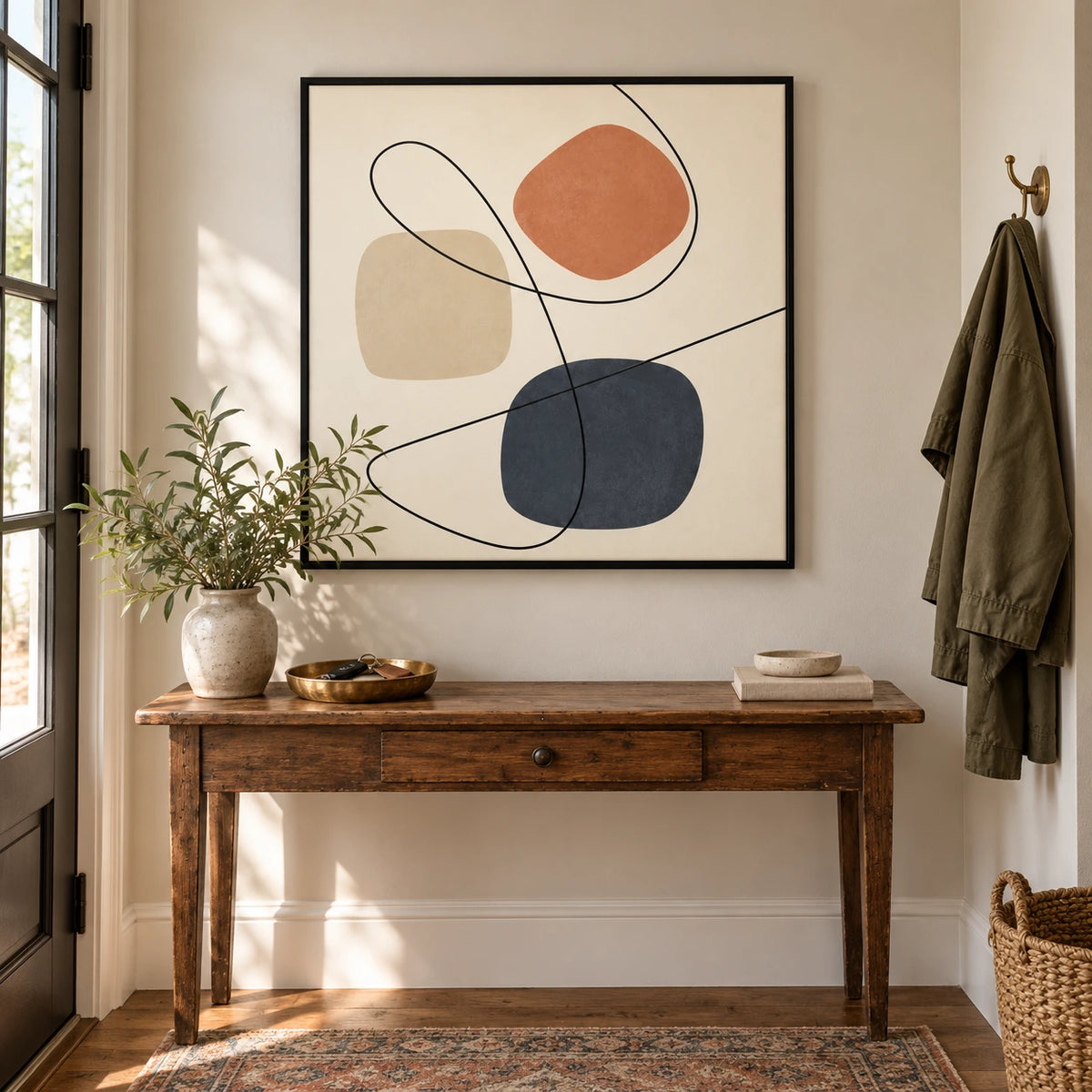 Terracotta Blue and Beige Shapes Oil Painting | Looping Black Lines on Cream Minimalist Square Abstract Wall Art OA 1768