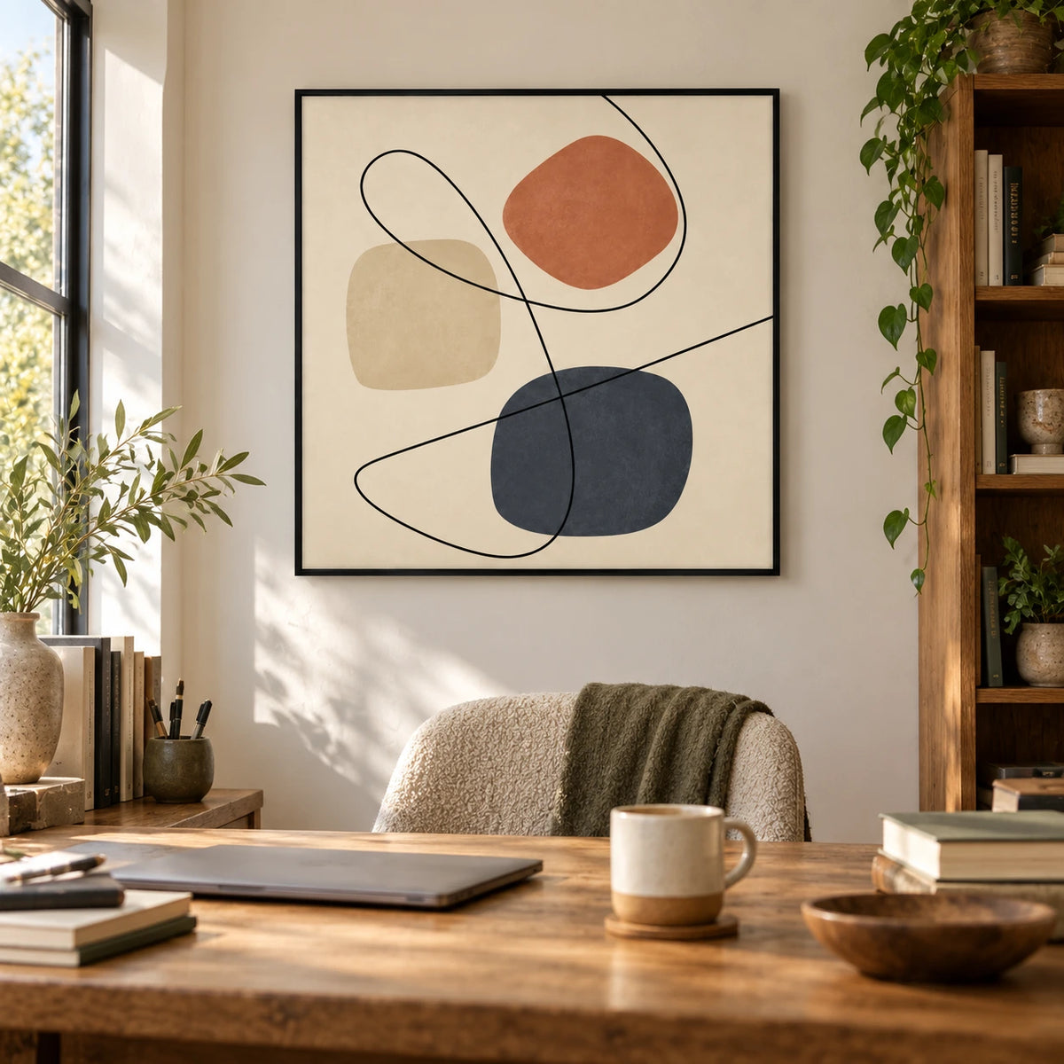 Terracotta Blue and Beige Shapes Oil Painting | Looping Black Lines on Cream Minimalist Square Abstract Wall Art OA 1768