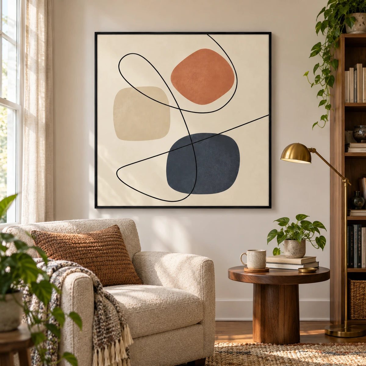 Terracotta Blue and Beige Shapes Oil Painting | Looping Black Lines on Cream Minimalist Square Abstract Wall Art OA 1768
