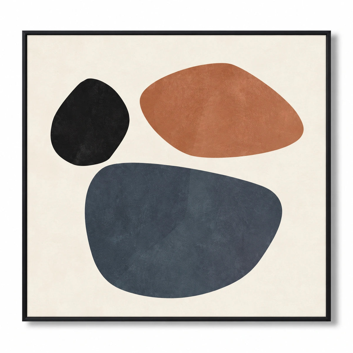 Terracotta Blue and Black Pebble Shapes Oil Painting | Minimalist Organic Geometric Square Wall Art #OA 1696