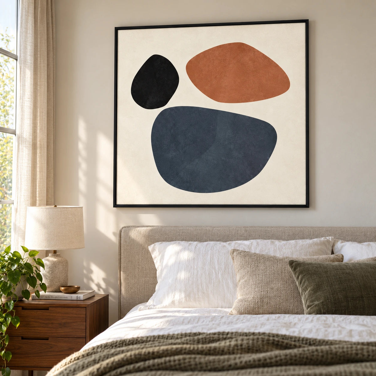 Terracotta Blue and Black Pebble Shapes Oil Painting | Minimalist Organic Geometric Square Wall Art #OA 1696