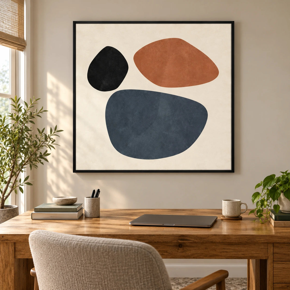 Terracotta Blue and Black Pebble Shapes Oil Painting | Minimalist Organic Geometric Square Wall Art #OA 1696