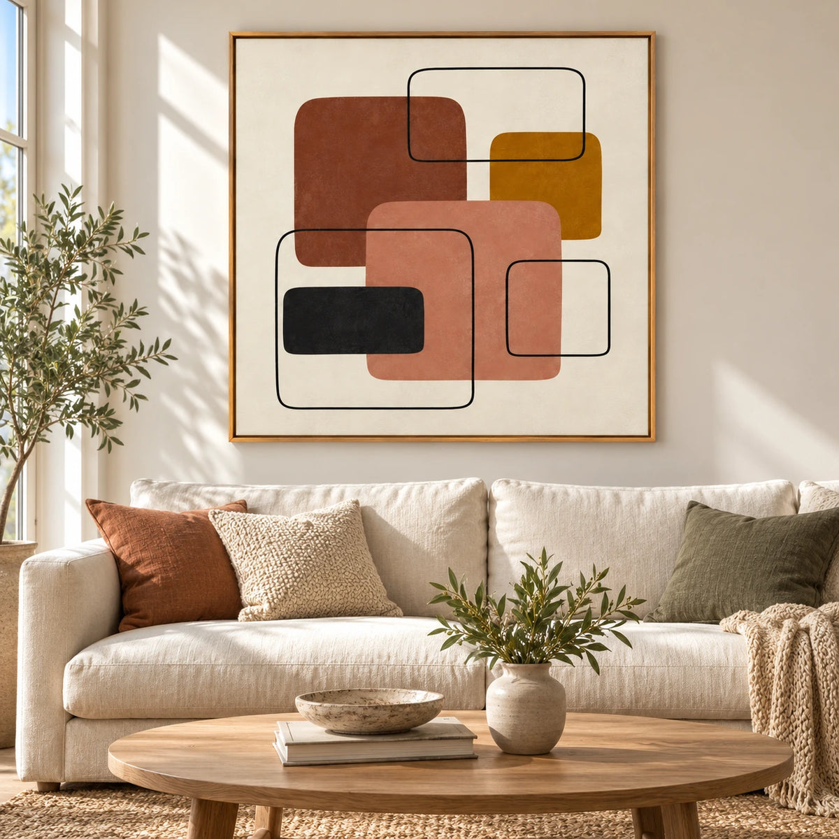 Terracotta Peach and Ochre Geometric Abstract Oil Painting | Black Rounded Rectangle Lines Square Wall Art #OA 1646