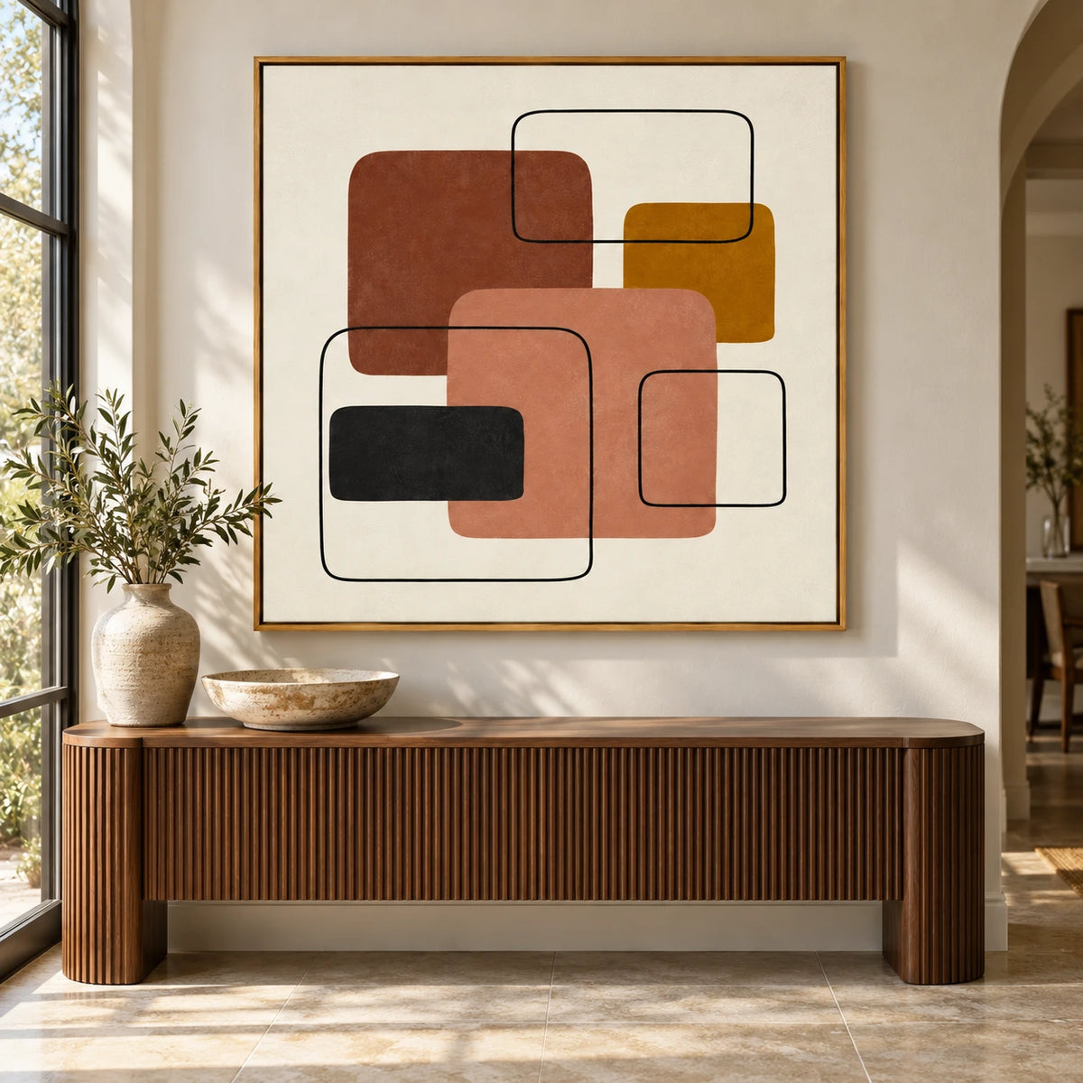 Terracotta Peach and Ochre Geometric Abstract Oil Painting | Black Rounded Rectangle Lines Square Wall Art #OA 1646