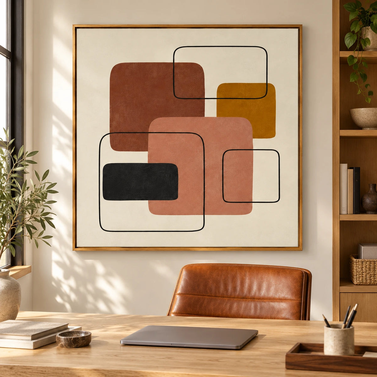 Terracotta Peach and Ochre Geometric Abstract Oil Painting | Black Rounded Rectangle Lines Square Wall Art #OA 1646