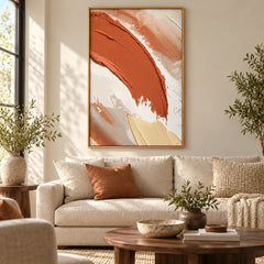 Terracotta Sweeping Brushstroke Oil Painting | Cream Beige and Pale Yellow Textured Abstract Vertical Wall Art #OA 1717