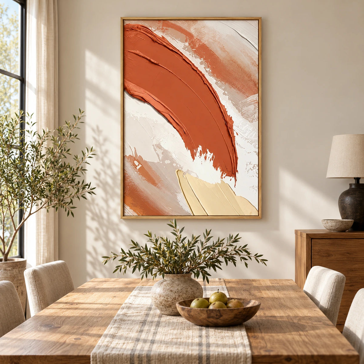 Terracotta Sweeping Brushstroke Oil Painting | Cream Beige and Pale Yellow Textured Abstract Vertical Wall Art #OA 1717