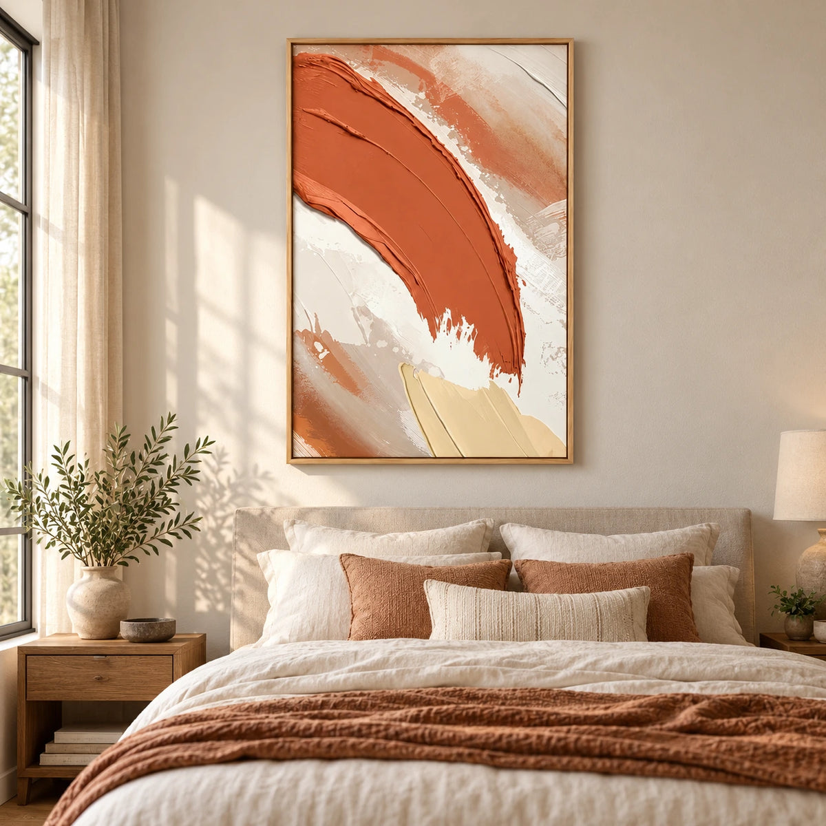 Terracotta Sweeping Brushstroke Oil Painting | Cream Beige and Pale Yellow Textured Abstract Vertical Wall Art #OA 1717