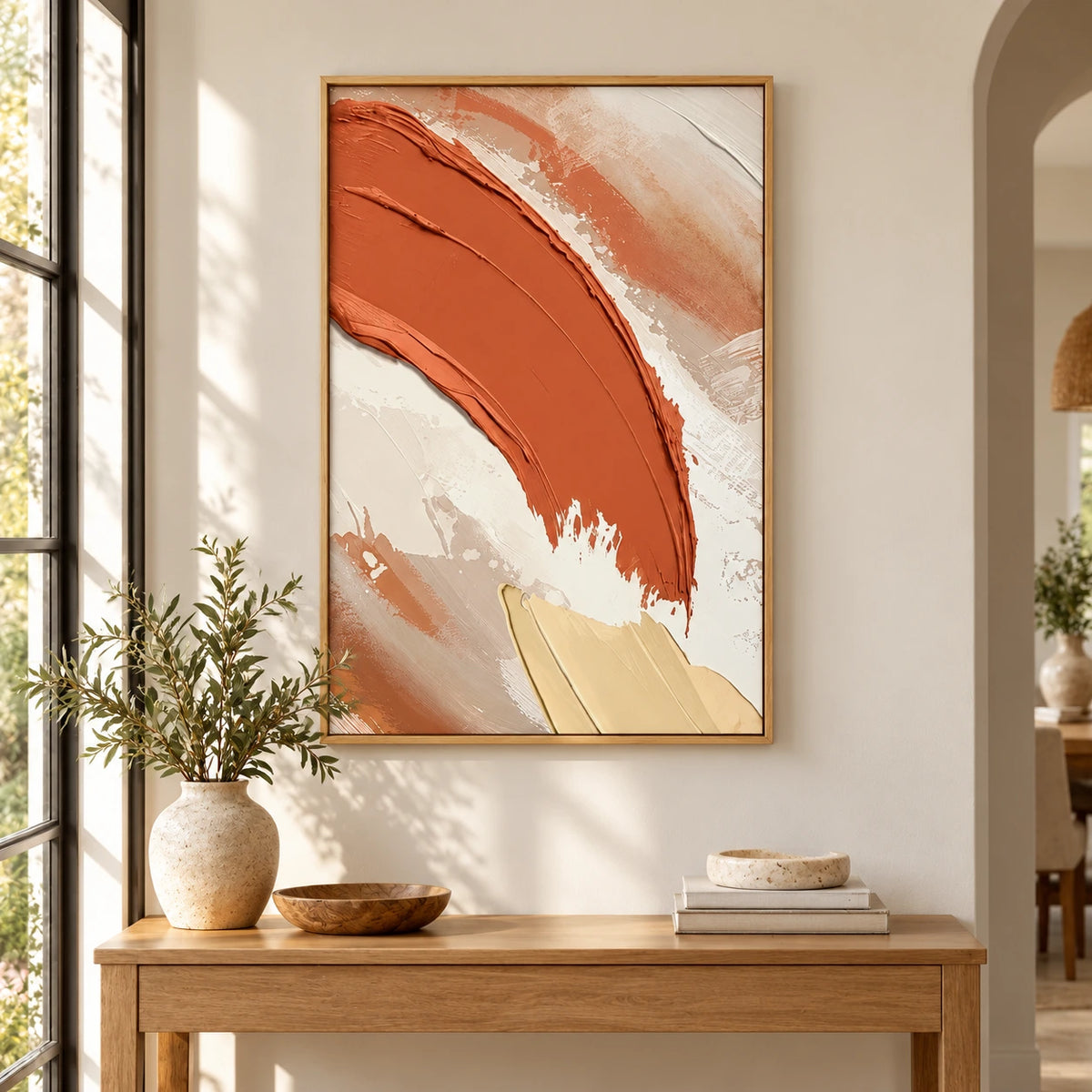 Terracotta Sweeping Brushstroke Oil Painting | Cream Beige and Pale Yellow Textured Abstract Vertical Wall Art #OA 1717