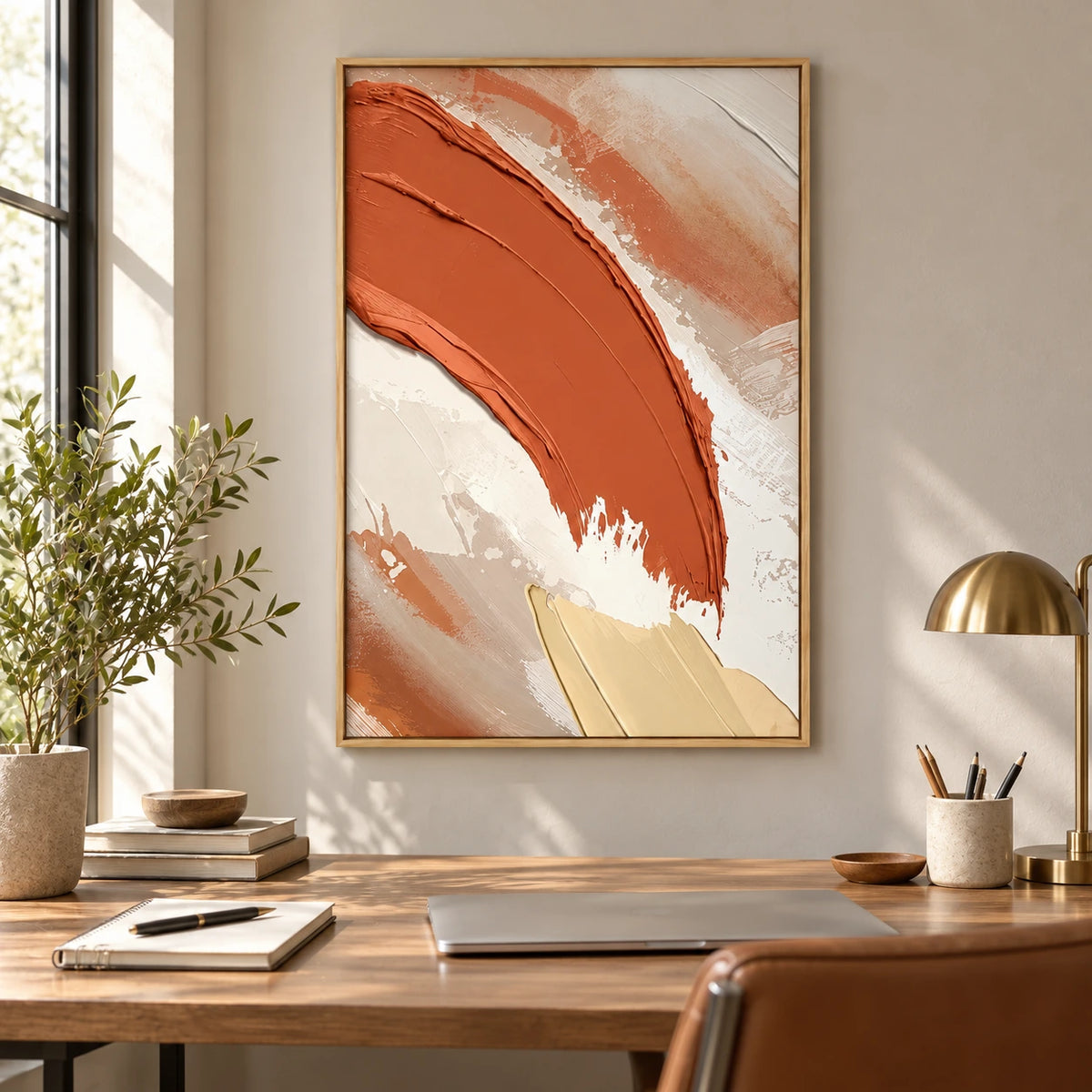 Terracotta Sweeping Brushstroke Oil Painting | Cream Beige and Pale Yellow Textured Abstract Vertical Wall Art #OA 1717