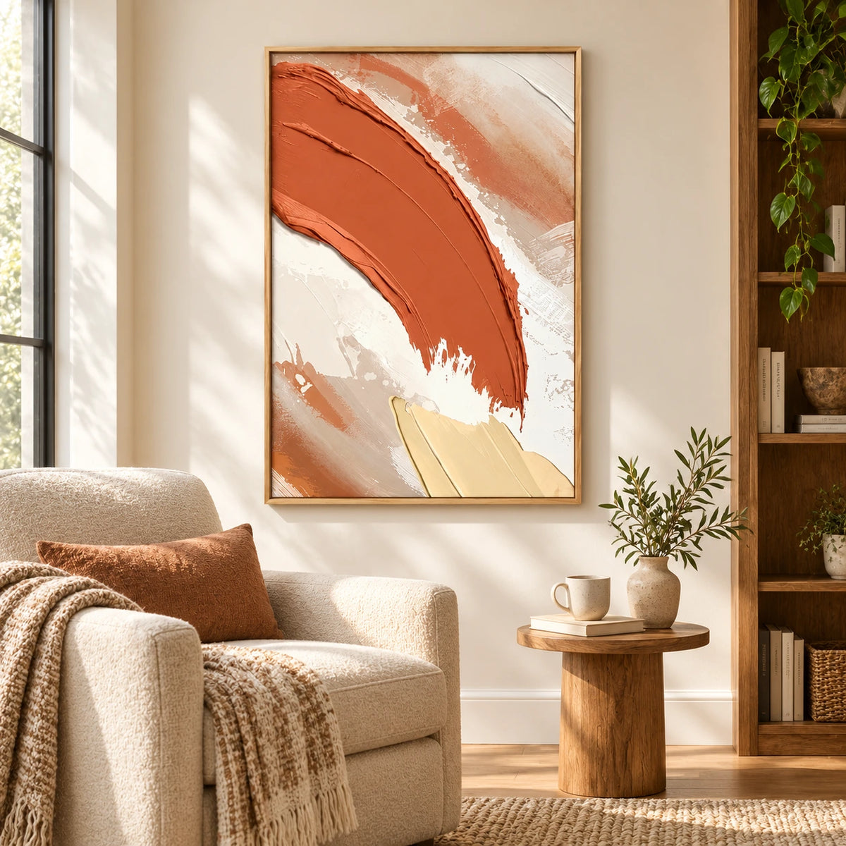 Terracotta Sweeping Brushstroke Oil Painting | Cream Beige and Pale Yellow Textured Abstract Vertical Wall Art #OA 1717