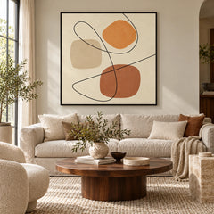 Terracotta and Beige Abstract Oil Painting | Flowing Black Lines and Organic Shapes Square Wall Art #OA 1655