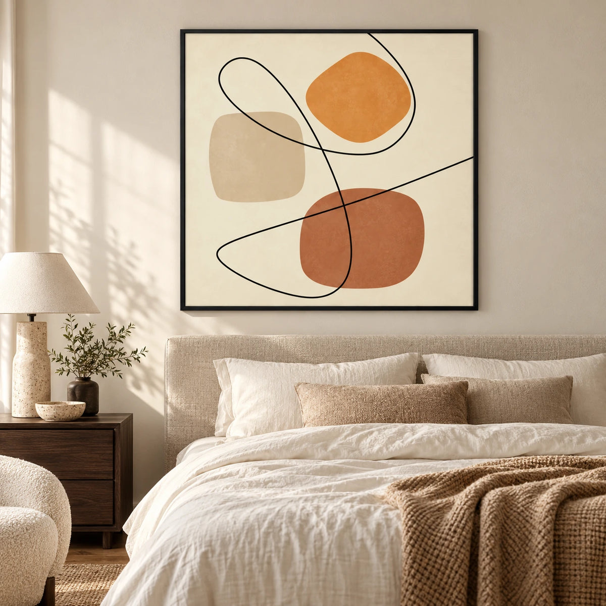 Terracotta and Beige Abstract Oil Painting | Flowing Black Lines and Organic Shapes Square Wall Art #OA 1655