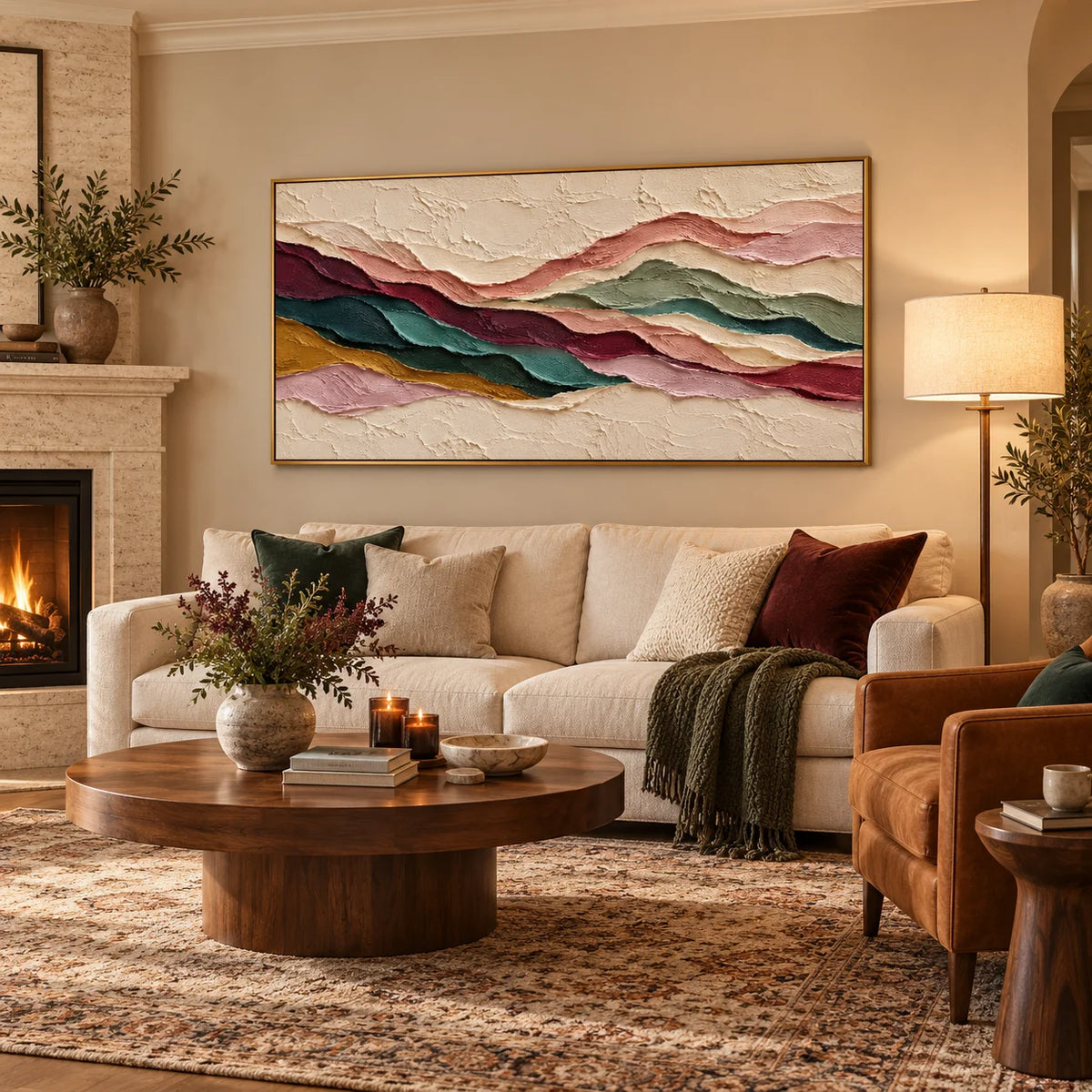Textured Abstract Mountain Landscape Oil Painting, Hand Painted Earth Tone Impasto Wall Art for Living Room Bedroom | Ownanart