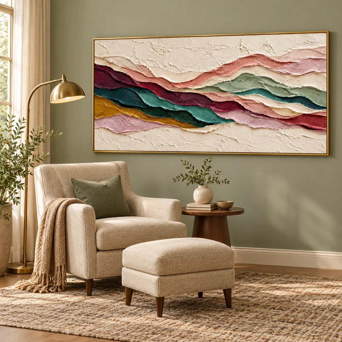 Textured Abstract Mountain Landscape Oil Painting, Hand Painted Earth Tone Impasto Wall Art for Living Room Bedroom | Ownanart