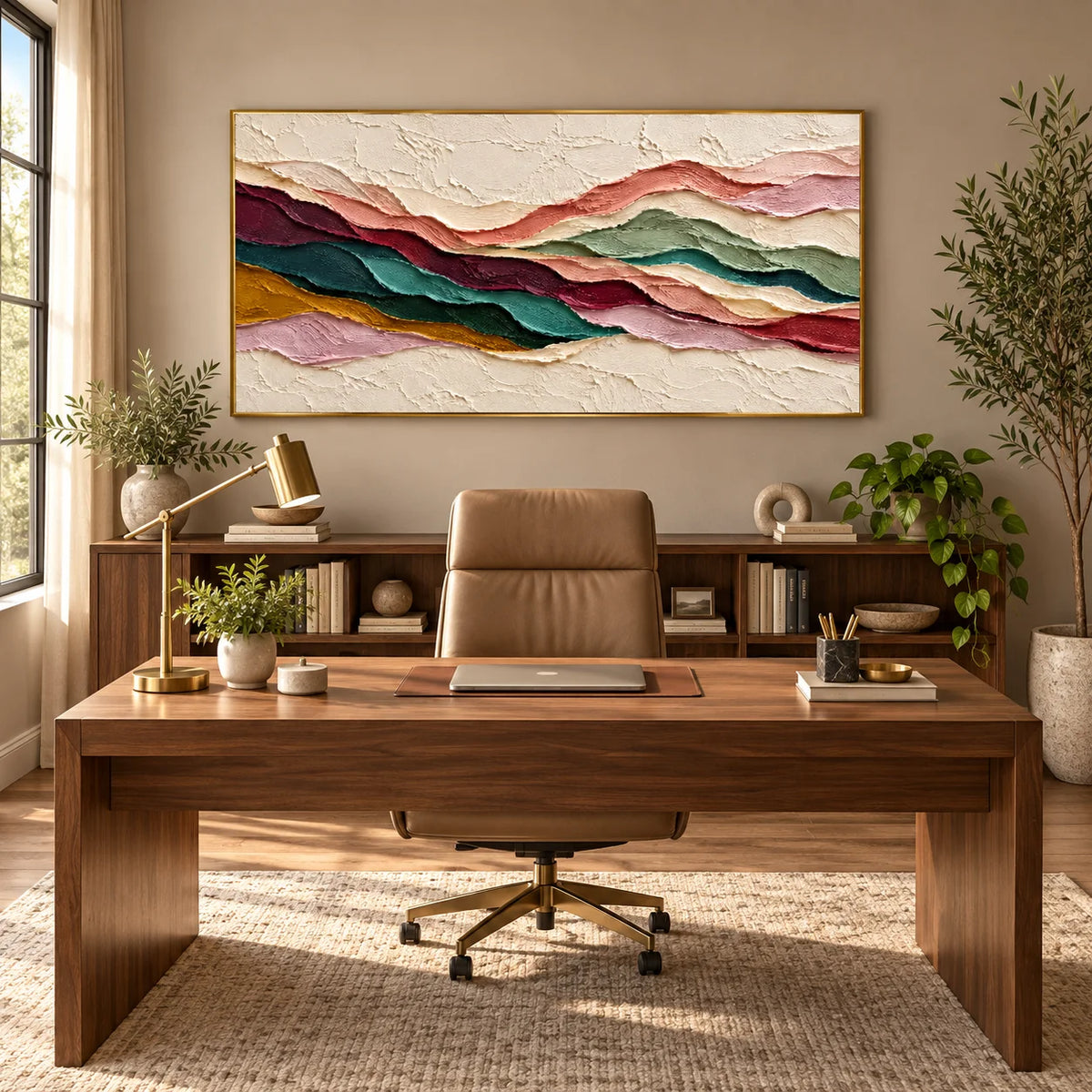 Textured Abstract Mountain Landscape Oil Painting, Hand Painted Earth Tone Impasto Wall Art for Living Room Bedroom | Ownanart