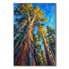 Towering Pine Forest Oil Painting, Hand Painted Textured Woodland Landscape Wall Art with Blue Sky and Golden Sunlight | Ownanart # OA 1407