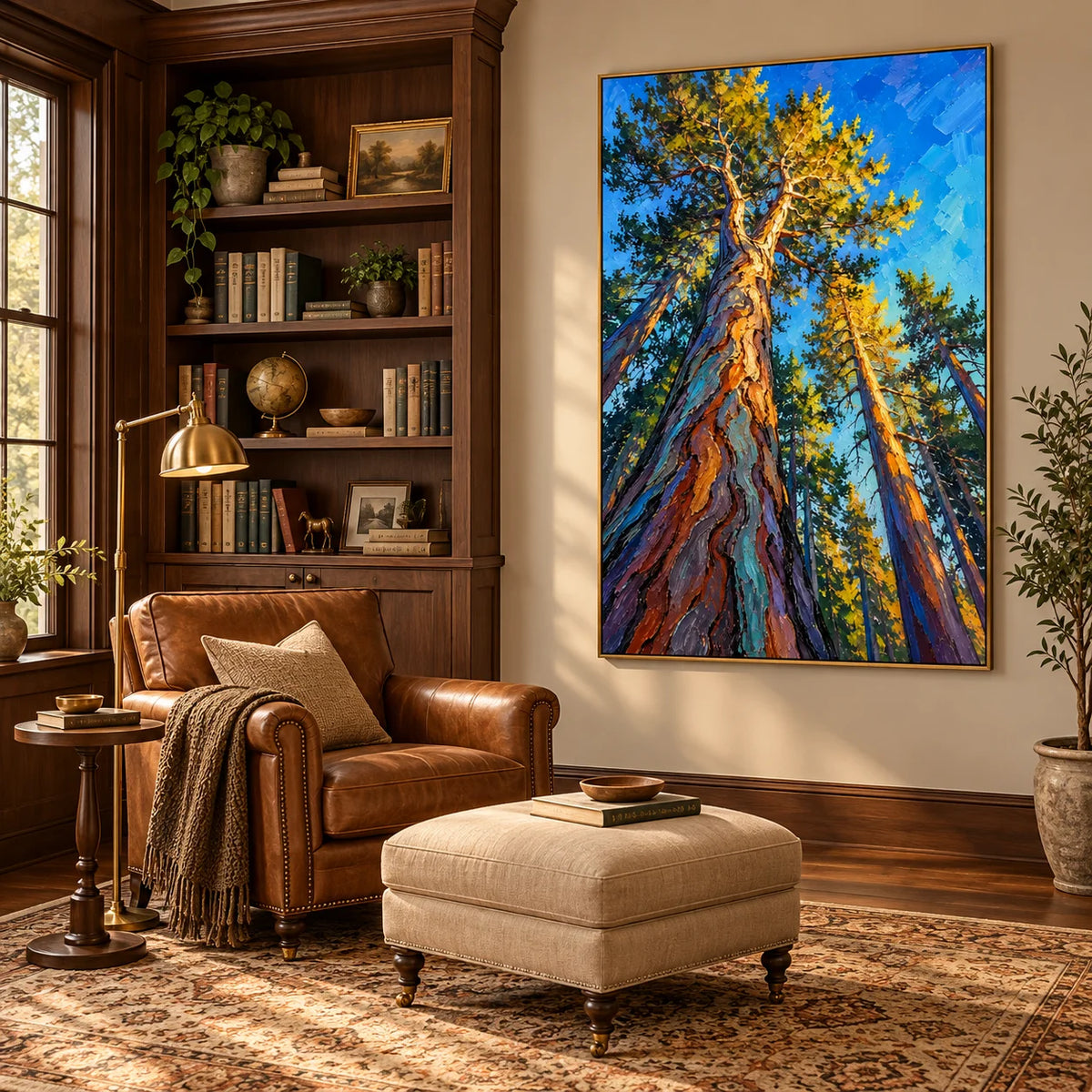 Towering Pine Forest Oil Painting, Hand Painted Textured Woodland Landscape Wall Art with Blue Sky and Golden Sunlight | Ownanart