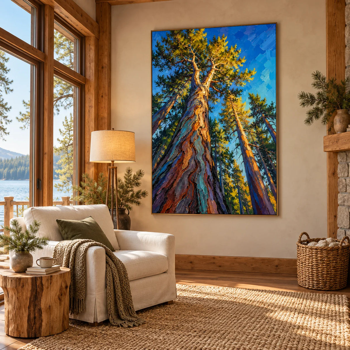 Towering Pine Forest Oil Painting, Hand Painted Textured Woodland Landscape Wall Art with Blue Sky and Golden Sunlight | Ownanart