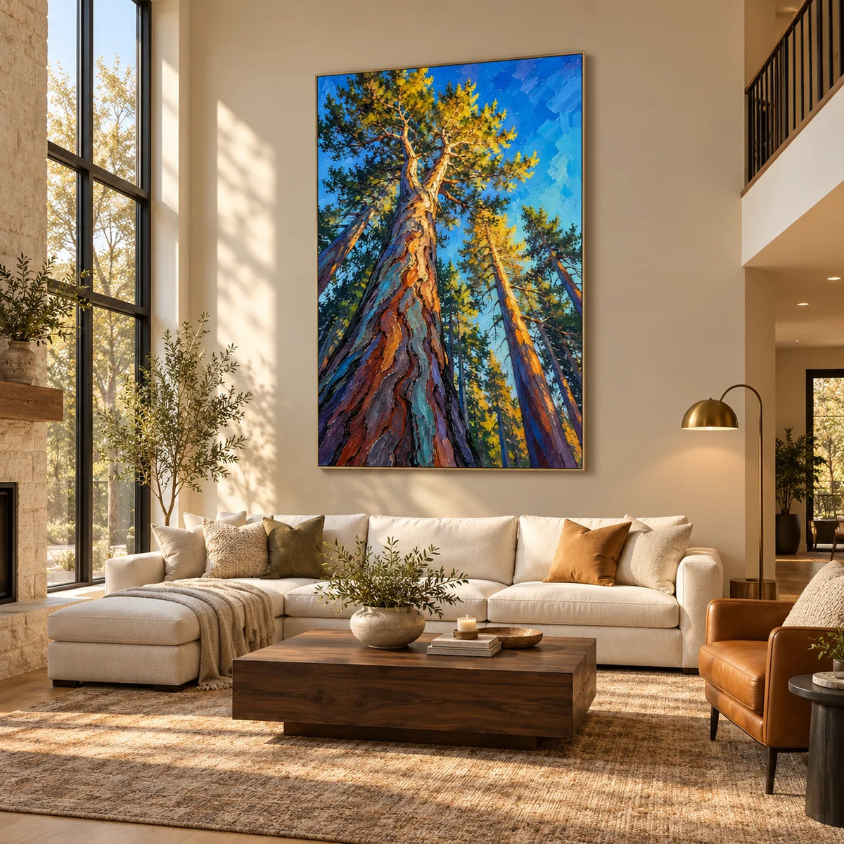Towering Pine Forest Oil Painting, Hand Painted Textured Woodland Landscape Wall Art with Blue Sky and Golden Sunlight | Ownanart